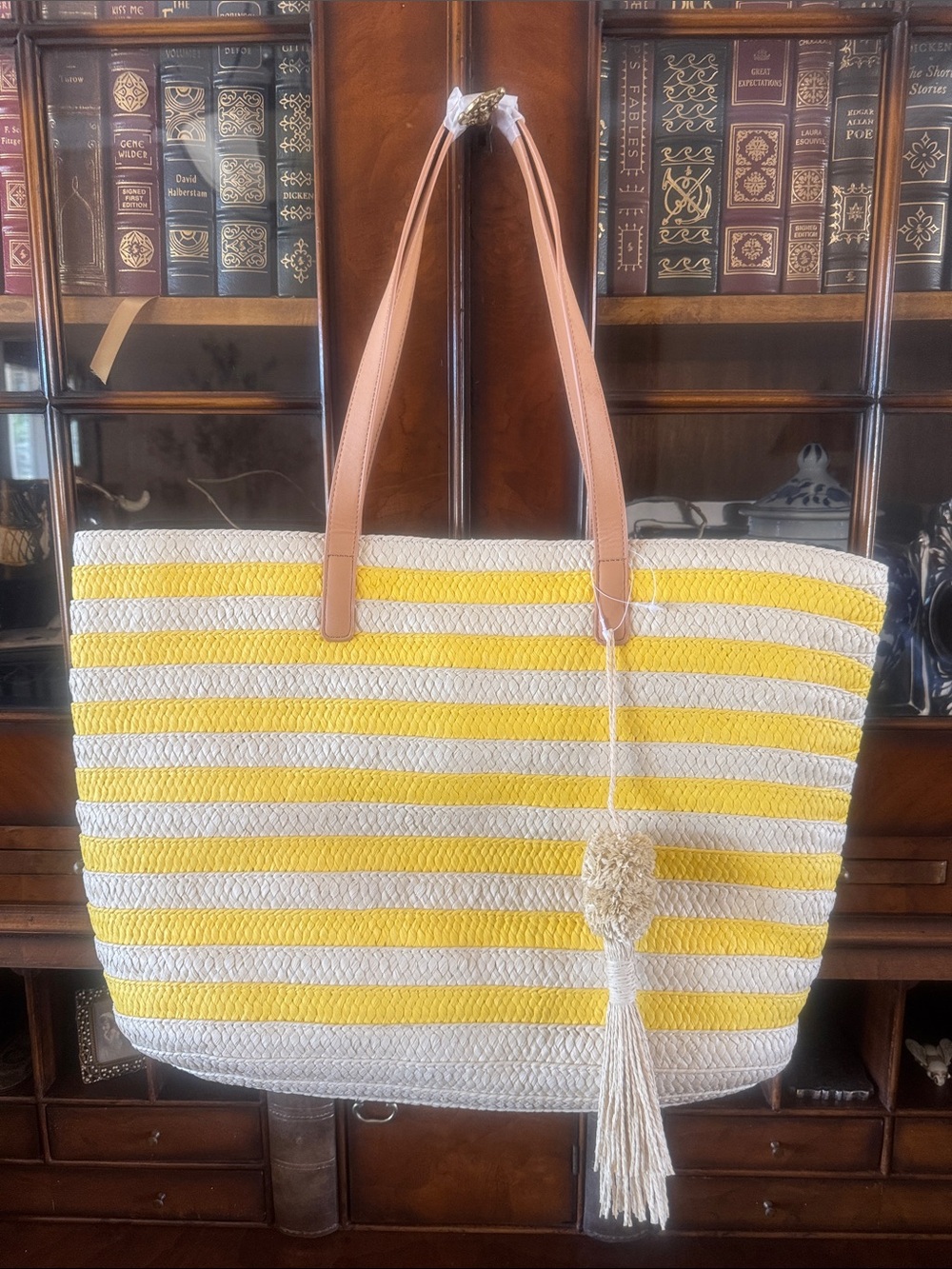 Mark & Graham Striped Straw Tote with Tassel Charm - New!